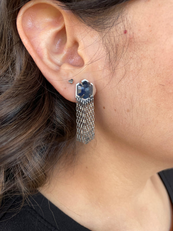 sapphire post earrings with fringe
