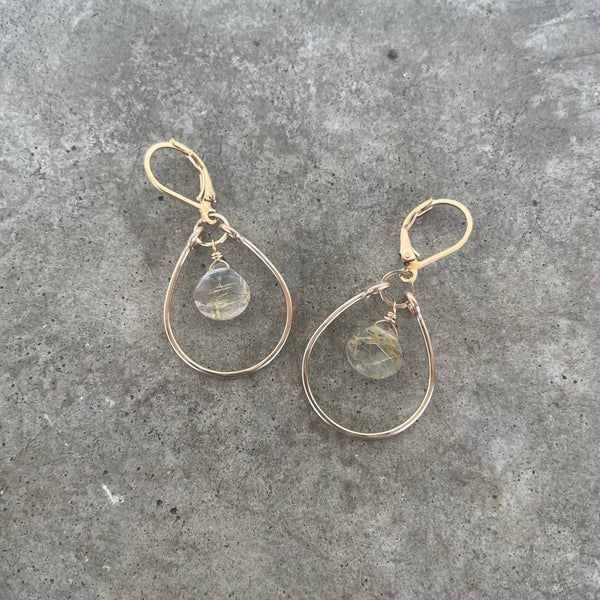 single stirrup earrings with rutilated quartz