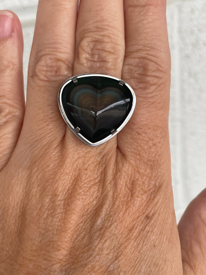 rainbow obsidian heart ring