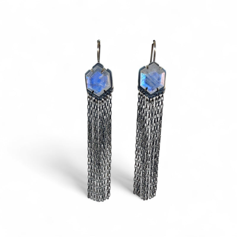 geometric rainbow moonstone fringe earrings