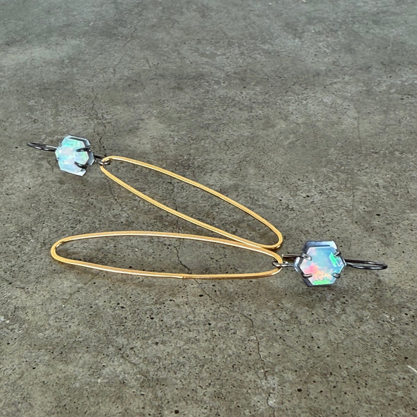 opal two tone long oval earrings