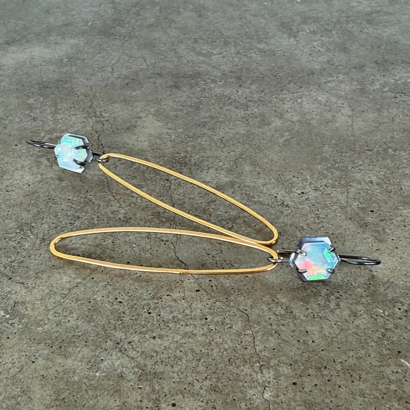opal two tone long oval earrings