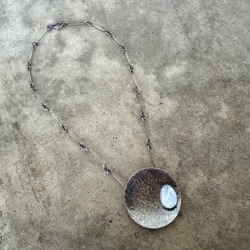 hammered dish necklace with rainbow moonstone