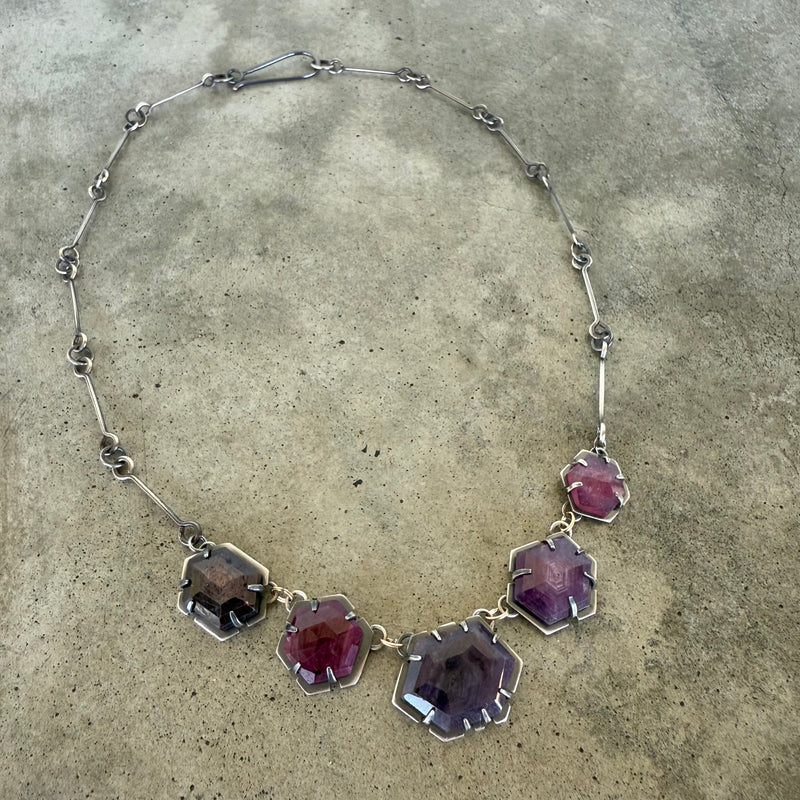 5 piece ruby & sapphire geometric necklace