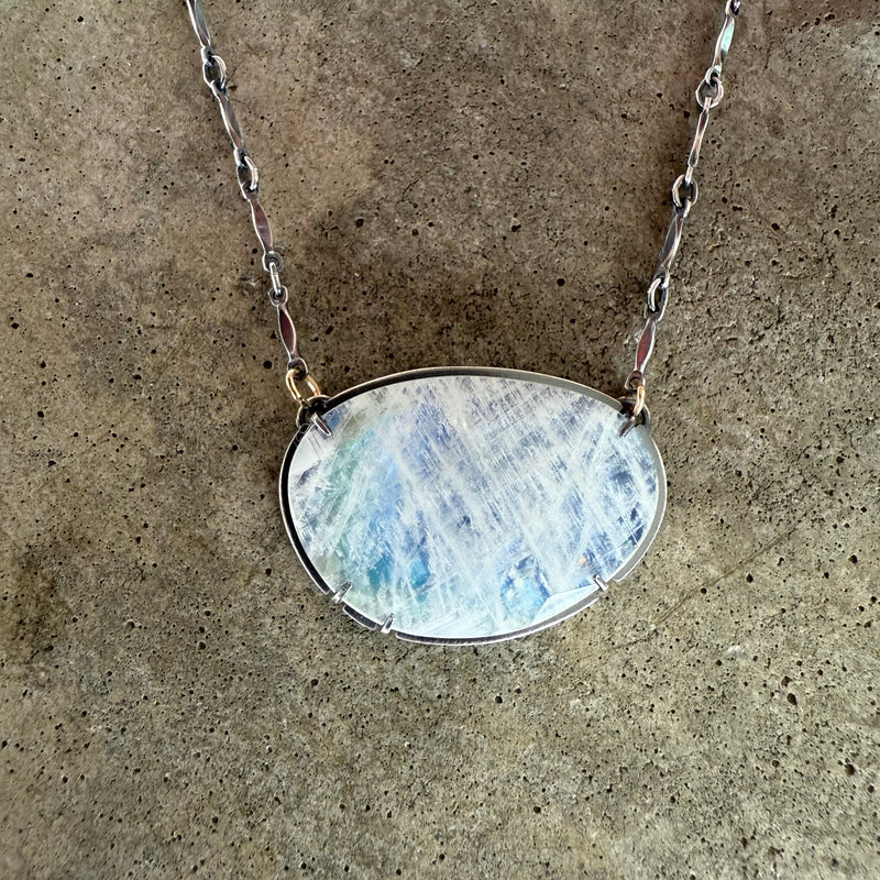 large rainbow moonstone two tone freeform necklace