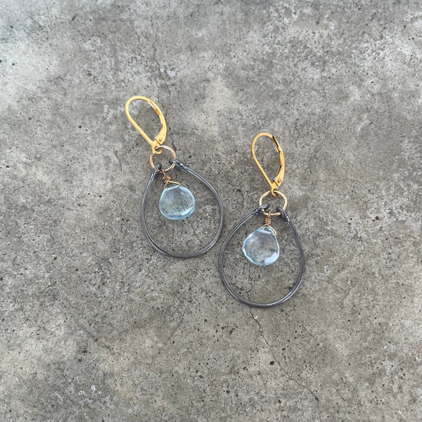 two tone aquamarine stirrup earrings