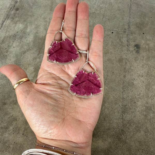large pink tourmaline slice earrings