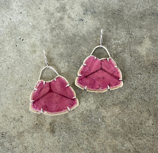 large pink tourmaline slice earrings