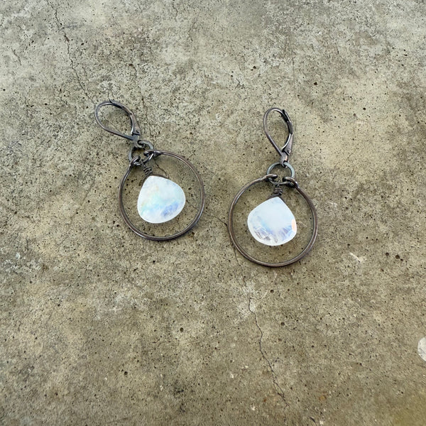 rainbow moonstone stirrup earrings