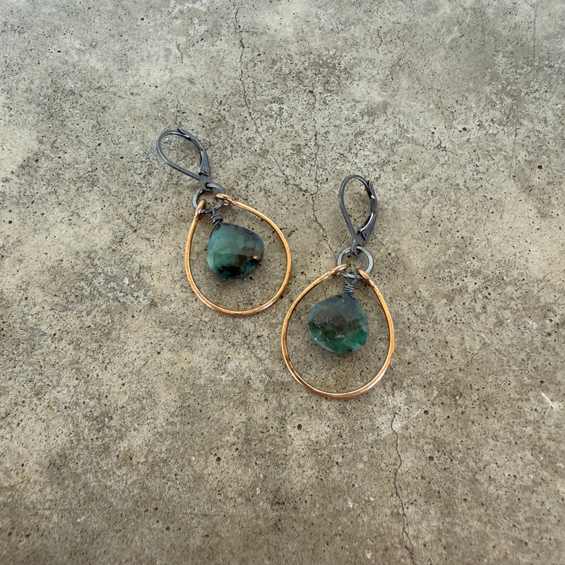 emerald stirrup earrings-2 tone