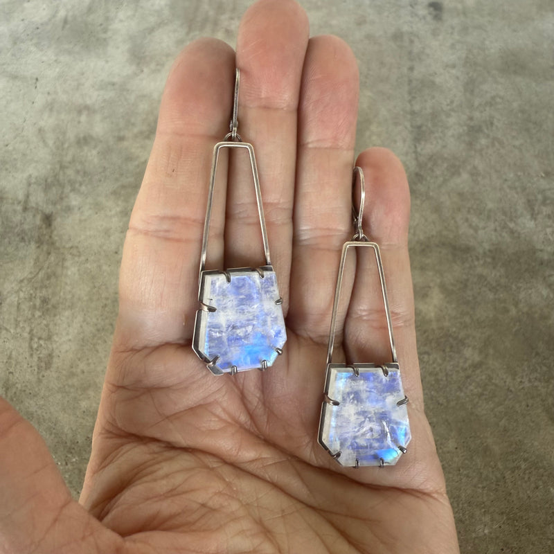 rainbow moonstone geometric arc earrings