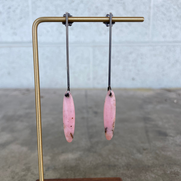 pink peruvian opal long bar earrings