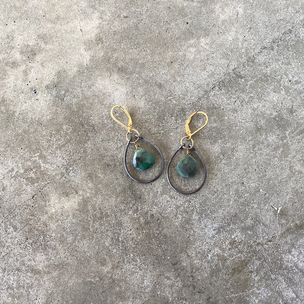 emerald stirrup earrings-2 tone
