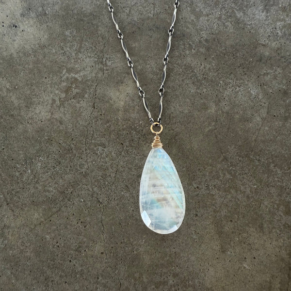 large faceted rainbow moonstone teardrop  two tone necklace