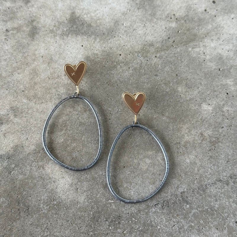 heart hoop post earrings- 2 tone