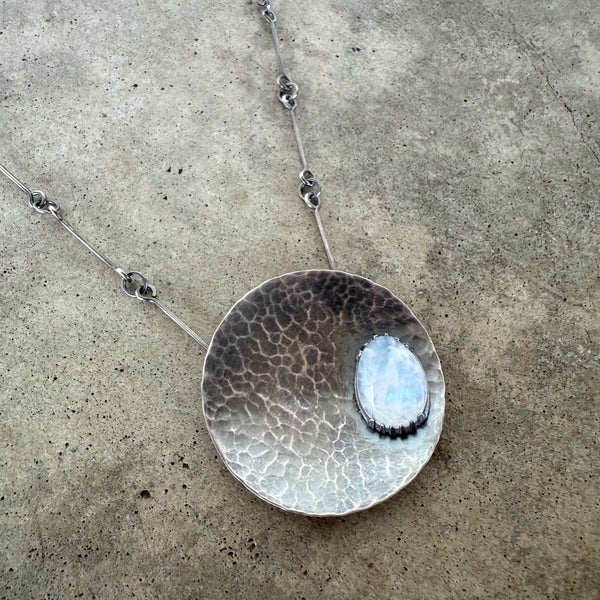 hammered dish necklace with rainbow moonstone