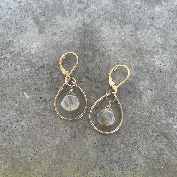 single stirrup earrings with rutilated quartz
