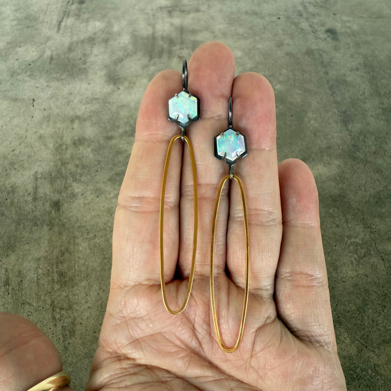opal two tone long oval earrings