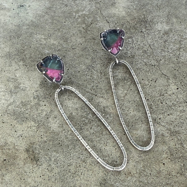 bi-color tourmaline hatch oval earrings