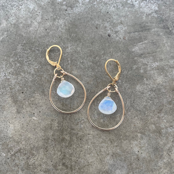 single stirrup earrings with rainbow moonstone