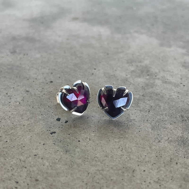 garnet heart post earrings