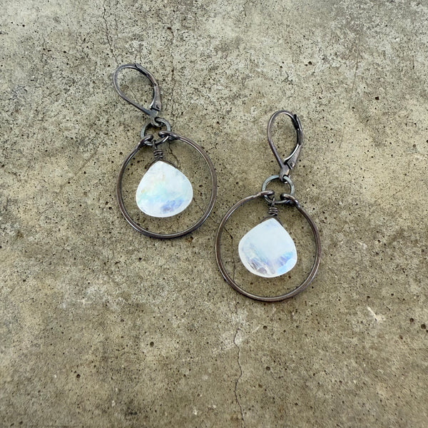 rainbow moonstone stirrup earrings