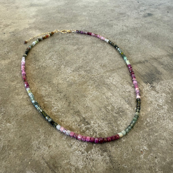 faceted watermelon tourmaline cube necklace