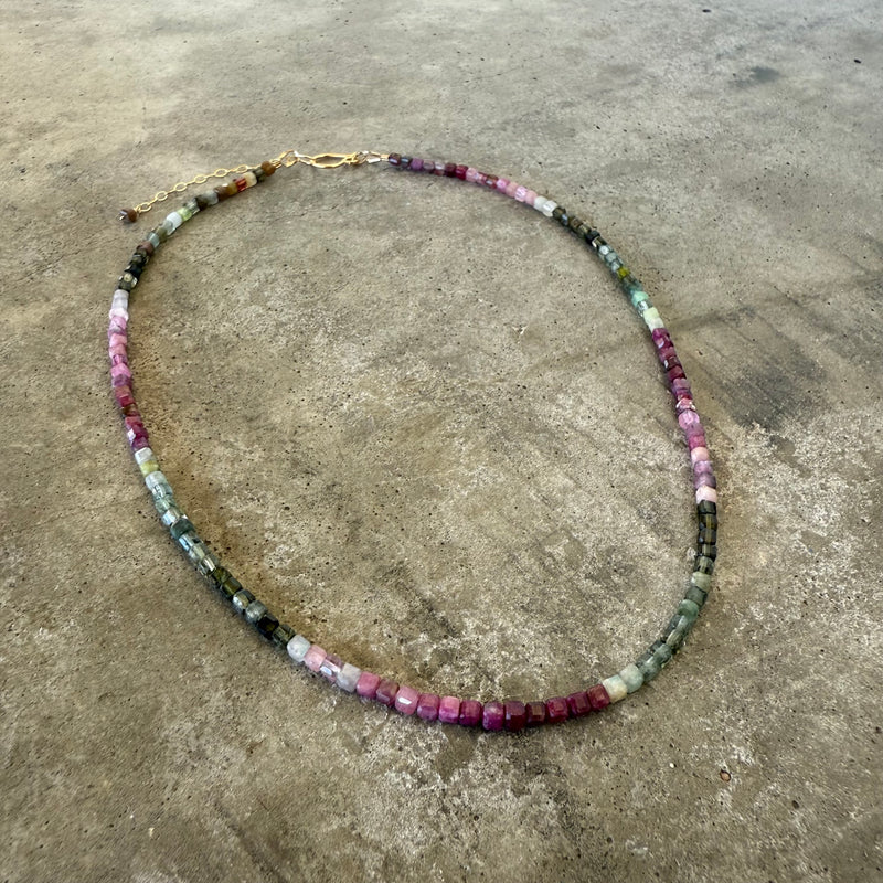 faceted watermelon tourmaline cube necklace
