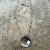 hammered dish necklace with rainbow moonstone