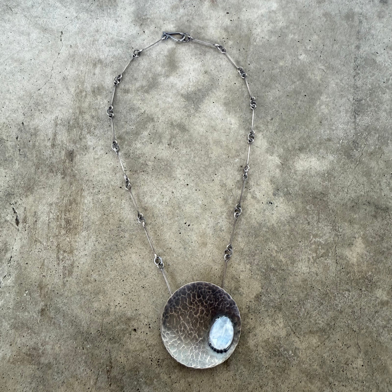 hammered dish necklace with rainbow moonstone