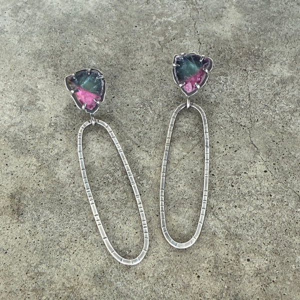 bi-color tourmaline hatch oval earrings
