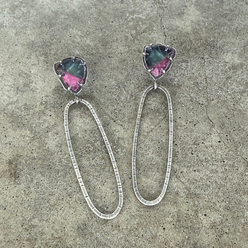 bi-color tourmaline hatch oval earrings