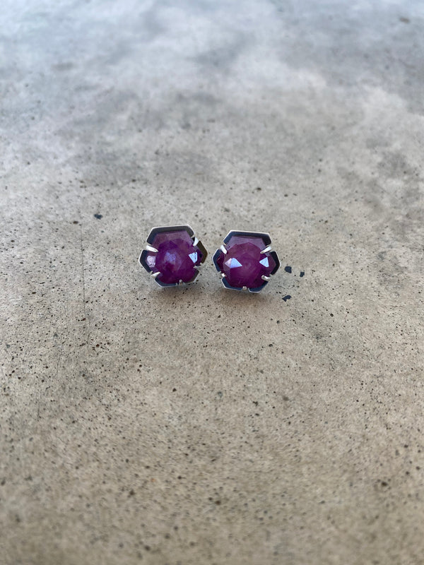 pink silky sapphire hexagon post earrings