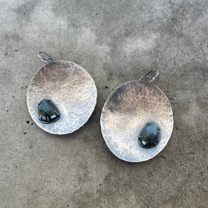 fantastically large hammered oval earrings with labradorite