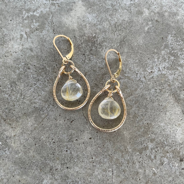 rutilated quartz gold stirrup earrings