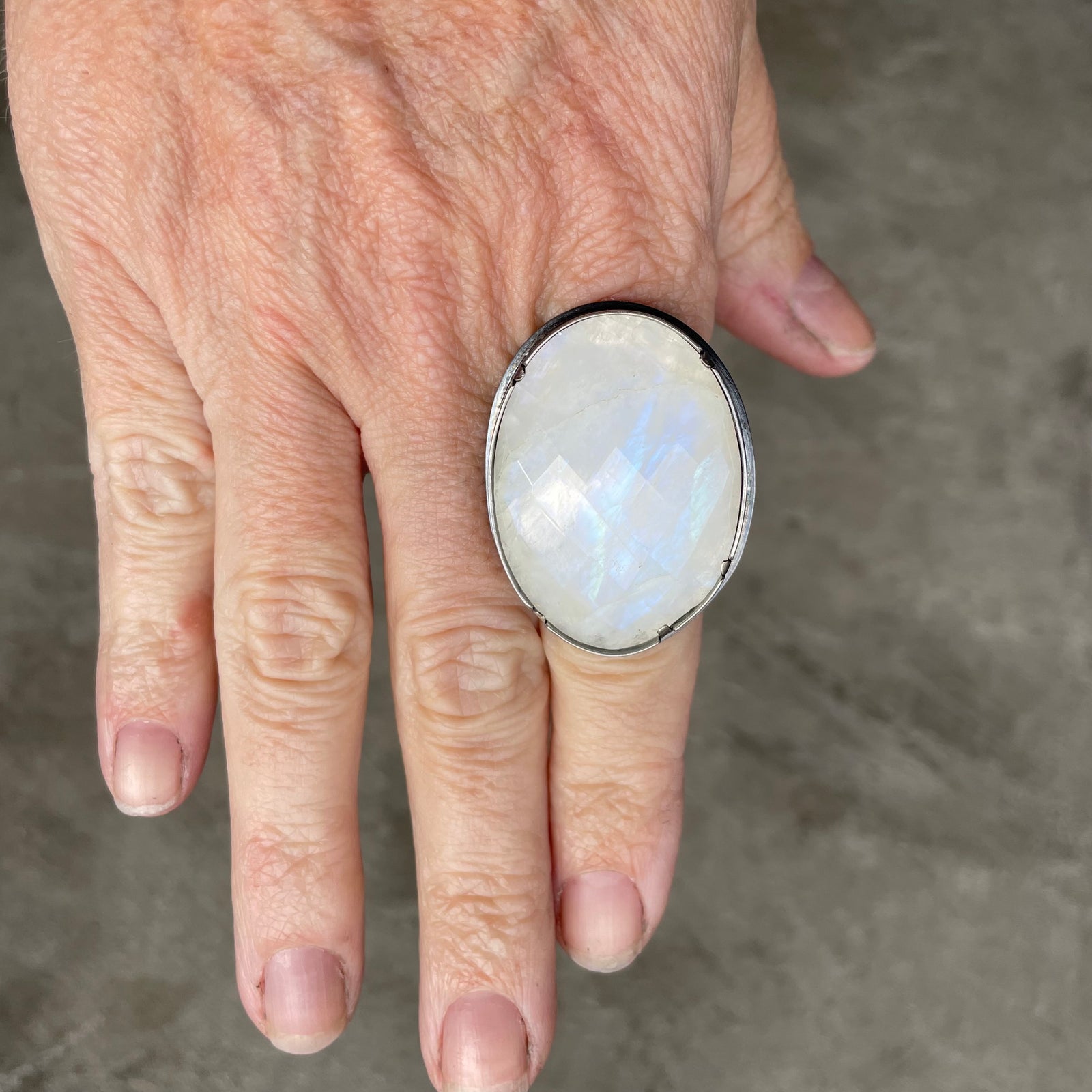 Wide silver ring with rainbow moonstone, large outlets stone ring silver gold plated, unique ring with AAA natural stone, artisan jewelry