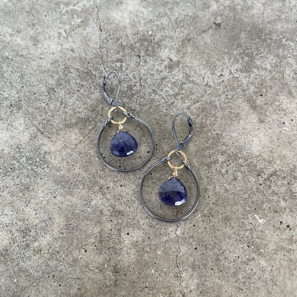 sapphire stirrup earrings-2 tone